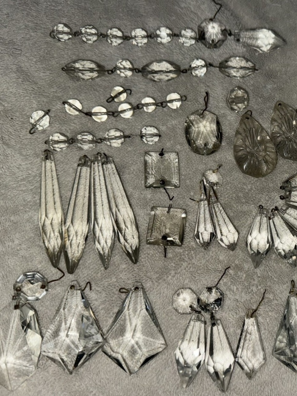 110+ Antique Assorted Crystal Chandelier Prisms, 2 Vintage Plastic